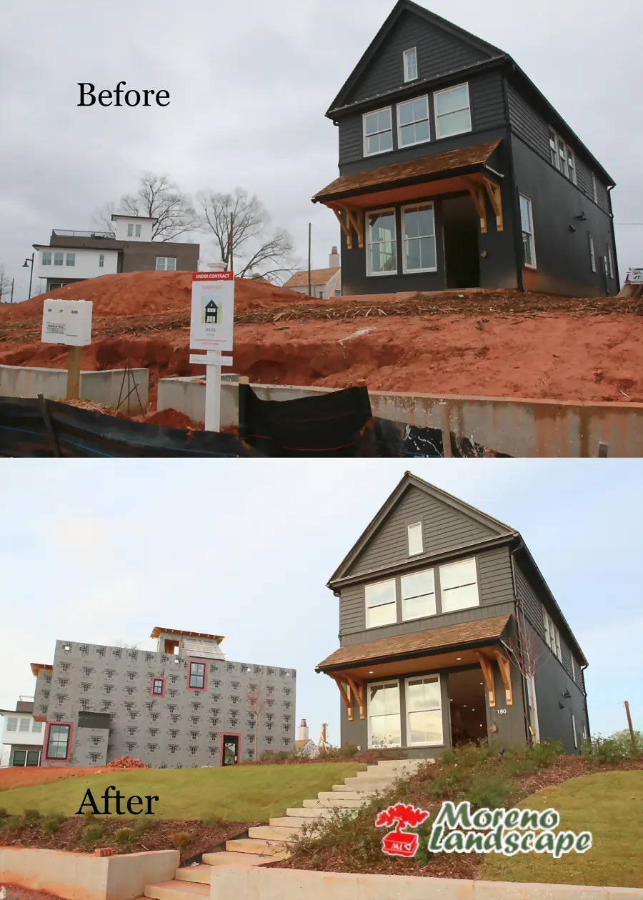 Before and after of a two-story house: raw red clay with no lawn or steps, then a green lawn with a stone step run and mulched beds