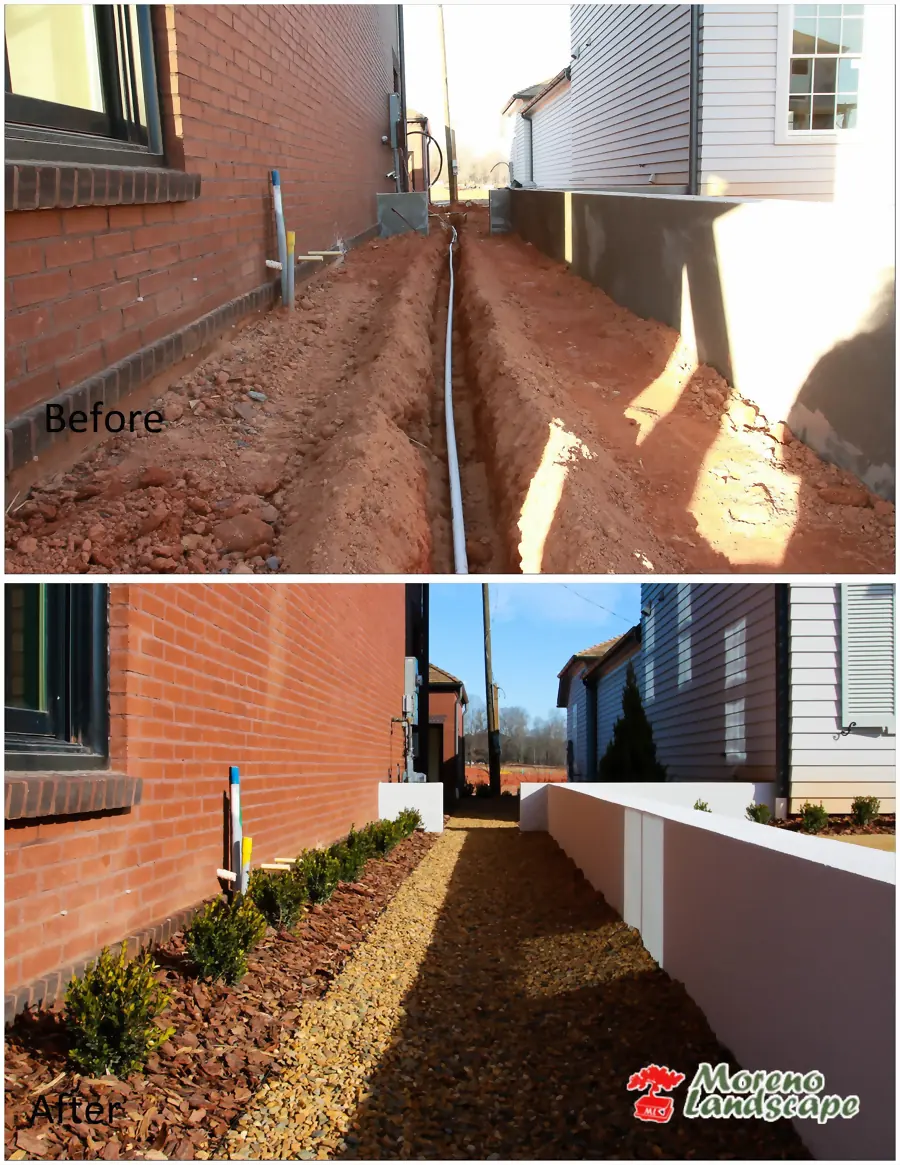Before and after of a narrow side yard: bare clay with drainage pipe in an open trench, then a finished river rock channel with mulch and young shrubs