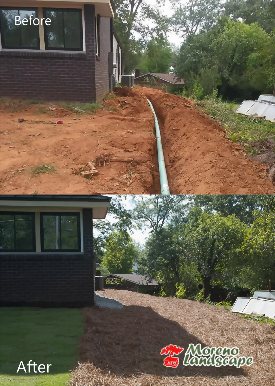 Before and after of a clay slope beside a dark brick house: an open trench with drainage pipe, then the same slope finished in pine straw, gravel and sod