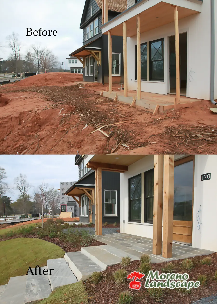 Before and after of a new house front: bare red clay graded against the porch, then sod, a bluestone step landing, grasses and mulched beds