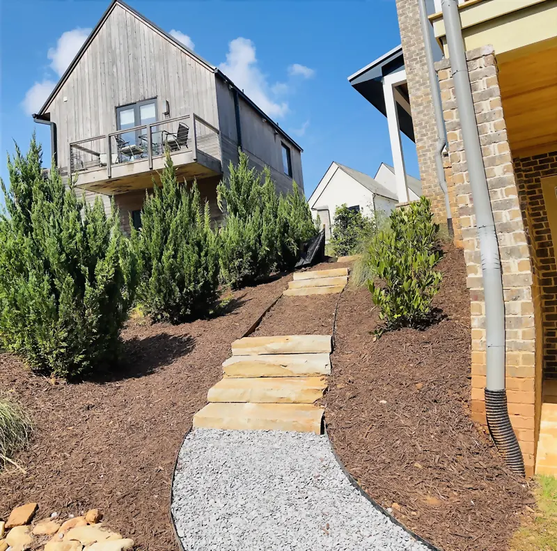 Flagstone steps rising through a mulched slope between evergreens