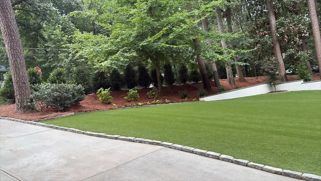 Established turf lawn edged in concrete beneath mature hardwoods