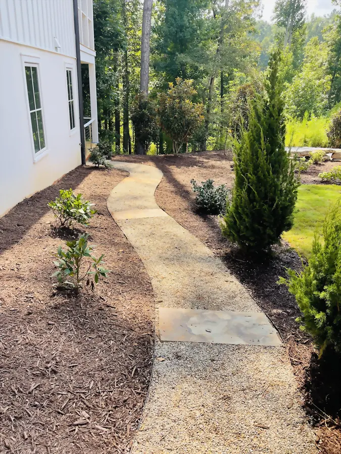 New planting bed with stone walk and young shrubs